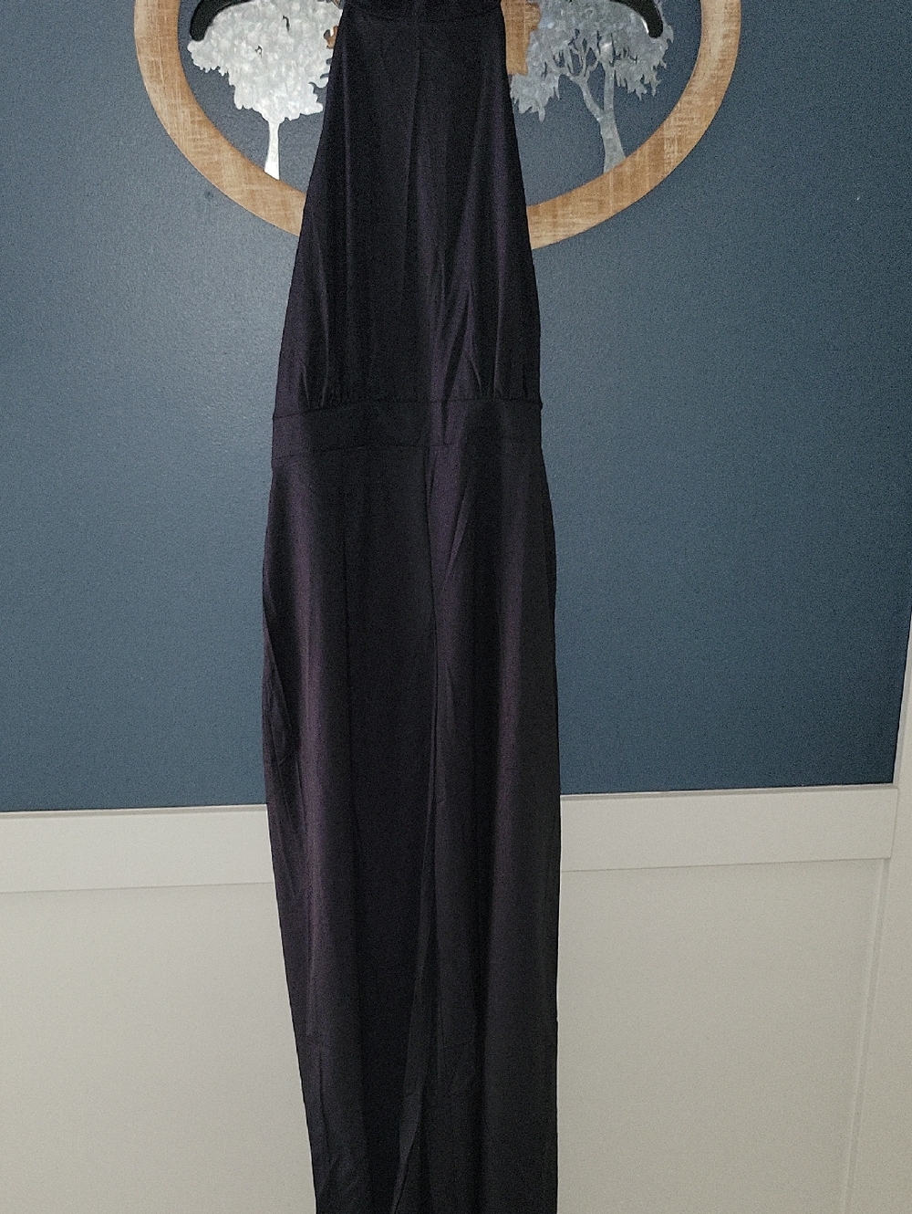 Elegant Long Black Halter Jumpsuit. Lightweight Material. Pockets. Zip Back.